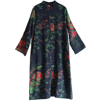 LZJN Foråret Kvinder Trench Coat Blomster Lang Bomuld Duster Pels Vintage Kinesiske Vindjakke Overfrakke