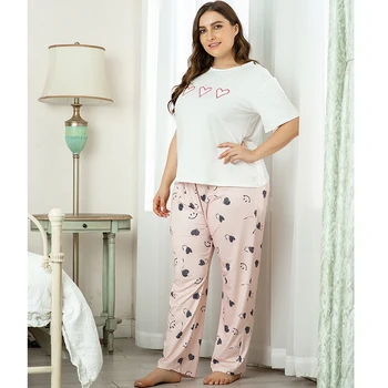 JULI SANG Kvinder Sommer Pyjamas Sæt Store Størrelse Elegante kortærmet ShirtO-hals Homewear Tegnefilm Trykt Pyjama Kvindelige Nattøj