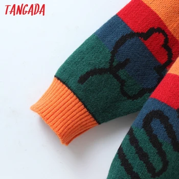 Tangada Kvinder Elegante Rainbow Mønster Strikket Sweater, Jumper O Hals Kvindelige Oversize Trøjer Smarte Toppe QW65