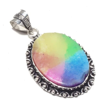 Ægte Rainbow Sol Kvarts Vedhæng i Sølv Overlay over Kobber, håndlavede Smykker, kæreste gave