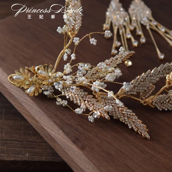 Golden Crystal long hair smykker Side crystal øreringe, Hårbånd Brude Hår Tilbehør