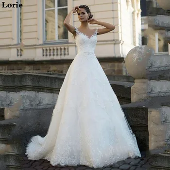 LORIE Lace Wedding Dress Boho En Linje Charmerende Brude Kjole Pynt Ærmeløs Vintage Backless Tyrkiet Brudekjole