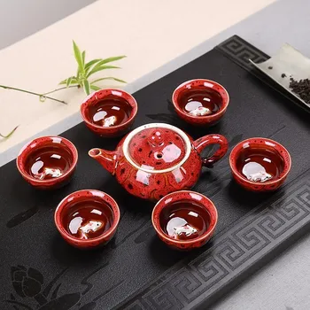 Kinesisk Kung Fu Te-Sæt indeholder 6 kopper 1 tekande i Porcelæn Celadon Fisk, Tekop Sæt Tekande Drinkware Oolong Te Kung Fu Te Sæt