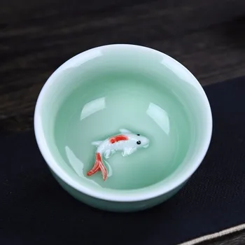 Kinesisk Kung Fu Te-Sæt indeholder 6 kopper 1 tekande i Porcelæn Celadon Fisk, Tekop Sæt Tekande Drinkware Oolong Te Kung Fu Te Sæt