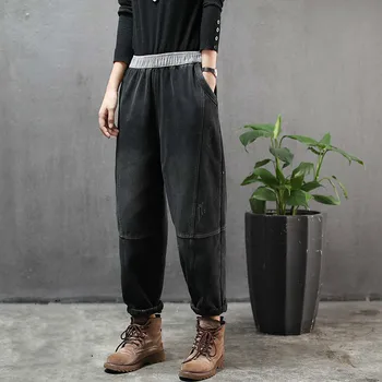 SJÆL TIGER 2019 koreansk Mode Vinteren Pels Varm Denim Bukser Damer Vintage Elastiske Jeans Dame Løs Oversize Harem Bukser
