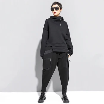 [EAM] i Loose Fit Asymmetrisk Oversized Sweatshirt Nye Hætte med Lange Ærmer Kvinder Big Size Mode Tidevand Foråret Efteråret 2021 19A-a527