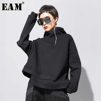 [EAM] i Loose Fit Asymmetrisk Oversized Sweatshirt Nye Hætte med Lange Ærmer Kvinder Big Size Mode Tidevand Foråret Efteråret 2021 19A-a527