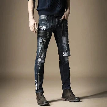 Gratis Forsendelse Nye 2020-mænds mandlige jeans mærke slank Europæiske tide brand Slank hul metal punk style hip hop denim bukser-bukser