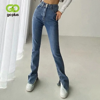 GOPLUS Jeans Kvinde, Høj Talje Jeans Streetwear Lys Blå Denim Bukser, Vintage Split Flare Pants Kvinder koreanske Pantalon Femme
