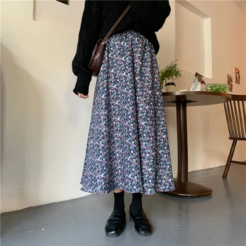 HziriP Vintage Blomster Maxi Nederdel Kvinder 2021 Forår Og Efterår Koreansk Stil Elastisk Høj Talje Alle-Match A-Line Nederdele Til Kvinder
