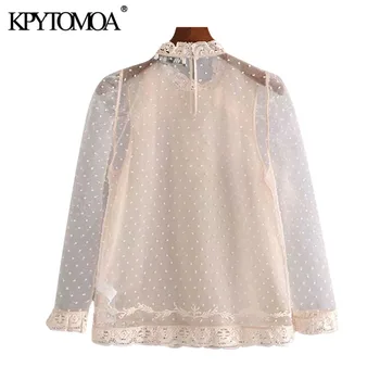 KPYTOMOA Kvinder 2020 Mode-Se Gennem Broderede Bluser Vintage Høj Hals Lange Ærmer Kvindelige Skjorter Blusas Smarte Toppe