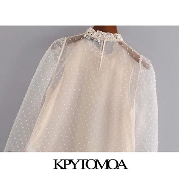 KPYTOMOA Kvinder 2020 Mode-Se Gennem Broderede Bluser Vintage Høj Hals Lange Ærmer Kvindelige Skjorter Blusas Smarte Toppe