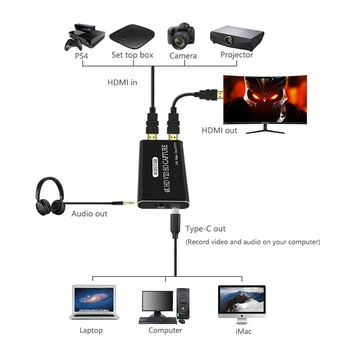 HDMI-Video Capture Card til Type-C HDMI-loop out 4K Video Grabber Optage Box til PS4 Spil, DVD-Videokamera Optagelse af Live Streaming