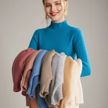 Vinteren varm trøje til kvinder mink cashmere trøjer halvdelen rullekrave basicshirt strikket kort top stilfulde kvinder trøjer