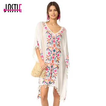 Jastie V-Neck Floral Embroidered Caftan Dress Summer Beach Vestidos Batwing Sleeve High-Low Hem Boho Loose Women Dresses