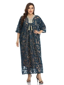 2021 Abaya Lang Foråret Dame Damer Kjoler Stort Plus Size Mode Elegant Silke Mesh Ramadan Dekoration Maxi Part Kjole