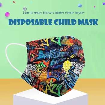 50stk Graffiti Barn Børn Disponibel ansigtsmasker 3layer Anti-Støv, Forurening Masker Stof Smelteblæst Støvtæt Tegneserie Hund Kat Maske