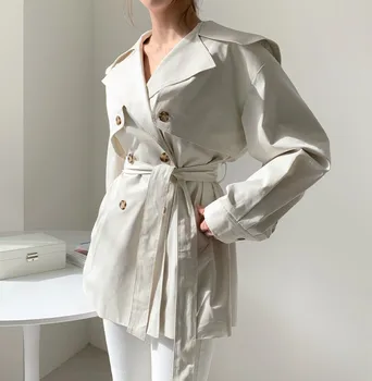 Hzirip Minimalistisk Solid Dobbelt-breasted Trench Coat Elegante OL Outwear 2020 Nye Efteråret Flåde Vind Revers Vindjakke med Bælte