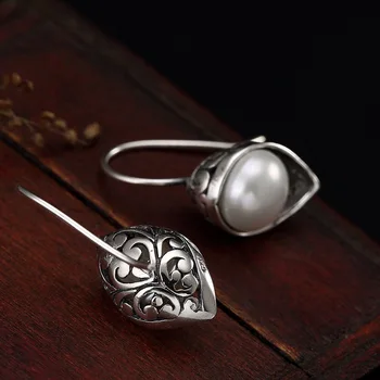 LATS 925 Sterling Sølv Retro Mønster Indlagt Naturlige Perle Øreringe i Vintage-Drop Øreringe til Kvinder 2020 Fine Smykker Earings