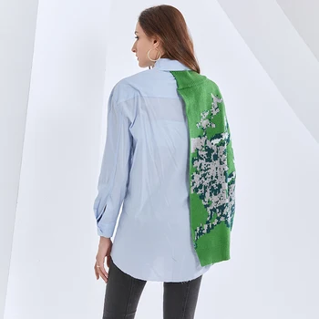 TWOTWINSTYLE Print-Shirt Til Kvinder Revers Krave Lange Ærmer Patchwork Hit Farve Sequined Løs Bluse Kvindelige 2020 Efteråret Tøj