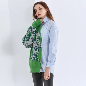 TWOTWINSTYLE Print-Shirt Til Kvinder Revers Krave Lange Ærmer Patchwork Hit Farve Sequined Løs Bluse Kvindelige 2020 Efteråret Tøj
