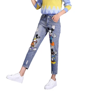 Disney Mickey kvinde mode, retro nye plus fedt plus size slidte jeans ni-punkt bukser tegnefilm udskrivning fødder blå bukser