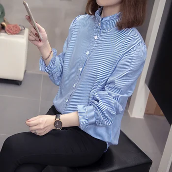 Plus Size Blå Stribe Øverst Og Skjorter Til Kvinder 2020 Efteråret Løse Flæser Lange Ærmer Koreansk Stil Bluse Kvindelige Oversize Camisas
