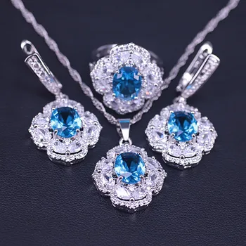 Dubai-luksus-stil sky blue zircon kostume brude smykker til kvinder, armbånd, ring halskæde sæt øreringe med vedhæng
