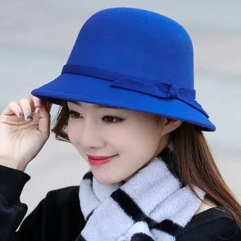 2020 Nye Kvinder Bow Tie Uld Filt Dome Sort Rød Fedora Hat Kvinders Wide Brim Retro Blød Vinter Kirke Uld Hat