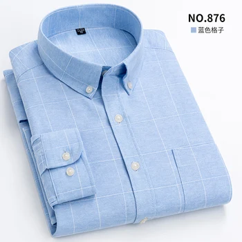 Camisas de manga longa de oxford listrado xadrez masculina único remendo bolso qualidade premium padrão-ajuste botão para baixo