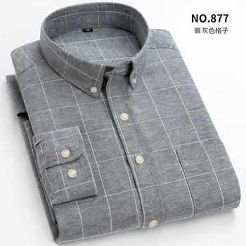 Camisas de manga longa de oxford listrado xadrez masculina único remendo bolso qualidade premium padrão-ajuste botão para baixo