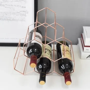 Nordisk Guld Geometriske Honeycomb Design Strygejern Kunst Vin Reol Med 6 Huller Opbevaring Hylde Vin Holder Til Vodka Whisky Flasker