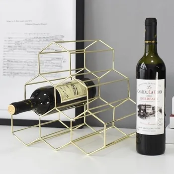 Nordisk Guld Geometriske Honeycomb Design Strygejern Kunst Vin Reol Med 6 Huller Opbevaring Hylde Vin Holder Til Vodka Whisky Flasker
