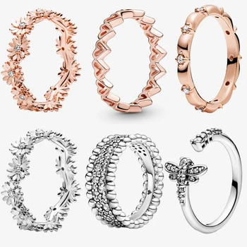 2020 Nye Ankomst S925 Sterling Sølv 50 typer Mousserende Daisy Blomst Krone Ringe til Kvinder Engagement Smykker Jubilæum