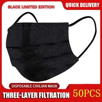 10/50/100/200/500pcs disponibel støvmaske 3-lag ikke-vævet stof smelteblæst civile åndbar voksen black solid color mask