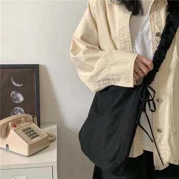 Harajuku 2021 Nye Mode Folde Kvinder Håndtaske Tote Damer Afslappet Canvas Taske Æstetiske Elastik Skuldertaske Stranden Bolsa