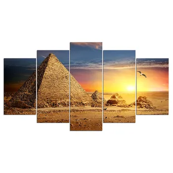 HD trykte 5 stykke Lærred Kunst Egyptiske Pyramide Maleri Solnedgang Væg Billeder til Stue Indretning Gratis Fragt CU-3216C