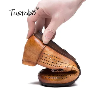 Tastabo Håndlavet i Ægte Læder Kvinder Sko Retro Casual sko Rød Gul S2512 Asakuchi Daglige sko med bløde såler Mødre sko