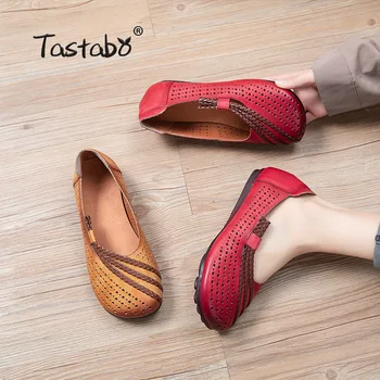 Tastabo Håndlavet i Ægte Læder Kvinder Sko Retro Casual sko Rød Gul S2512 Asakuchi Daglige sko med bløde såler Mødre sko