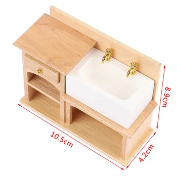 Håndvask Skab Hånd Vask Dukkehus Møbler til Badeværelse eller Køkken Dekoration 1/12 Miniature Træ med Keramisk