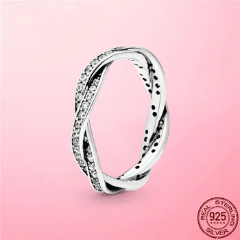 2021 Nye 925 Sterling Sølv Mousserende Snoede Linjer Ring for Kvinder Ring Klare CZ Bryllup Engagement Zircon Zircon Smykker Gave