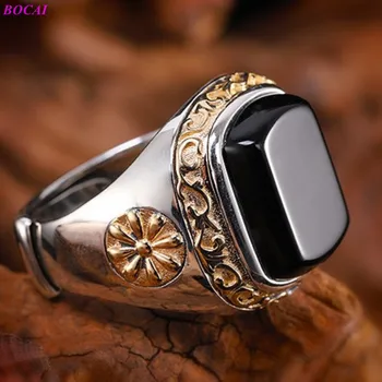 Thai sølv delikat mandlige ring, ægte, s925 rent sølv smykker justerbar sort natural stone man ringe