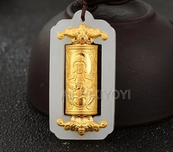 Naturlige Hvidt Hetian Jade + 18K Guld Dragon Phoenix Buddha GuanYin Fu Strip Amulet Vedhæng + gratis Halskæde Smykker + Certifikat