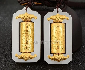 Naturlige Hvidt Hetian Jade + 18K Guld Dragon Phoenix Buddha GuanYin Fu Strip Amulet Vedhæng + gratis Halskæde Smykker + Certifikat