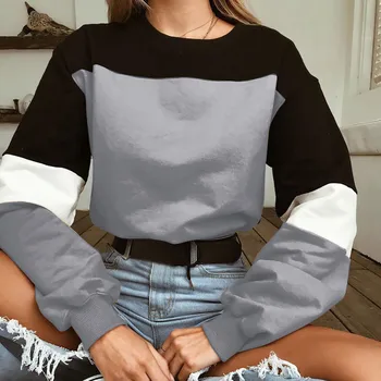 Hot cool Sweatshirt kvinder Top O-Hals Lange Ærmer Splcing Farve Casual Streetwear Kvinder Tøj 2020 Moletom Feminino*