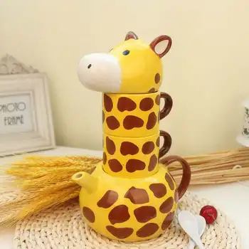 Te Kopper Og Tepotte Sæt Af 4 Og Keramisk Glas Giraf Dyr Krus Kreative Mærket Tumbler Kærester Med Låg Og Teske