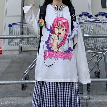 Hip Hop bomuld koreanske version søde Anime print T-Shirt til Alle-match-Unisex, Cool kort Neutralt tøj sort Harajuku mand streetwear