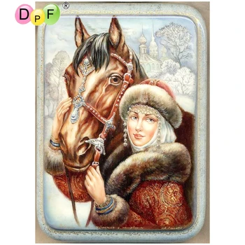 DPF DIY Gave Diamant Broderi håndværk kvinde hest maling 5D fuld Runde Diamant Maleri Magic Cube Cross Stitch Mosaik Indretning