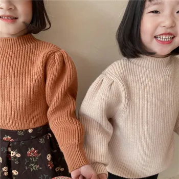 Nye Vinter 2020 Børn Plain Puff Med Lange Ærmer Bomuld Mode Sweater Piger Ekstra Tyk Boble Ærme Pullover Toppe Tøj