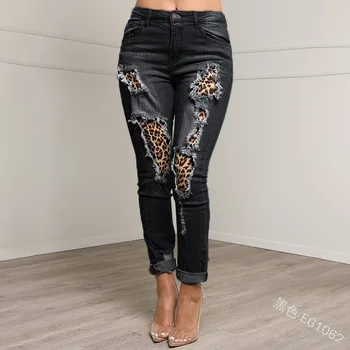 WEPBEL Jeans Mode-Knappen Mid-Talje Denim Blyant Bukser, Kvinders Slim-Fit Hul Rippet Splejset Leopard Jeans